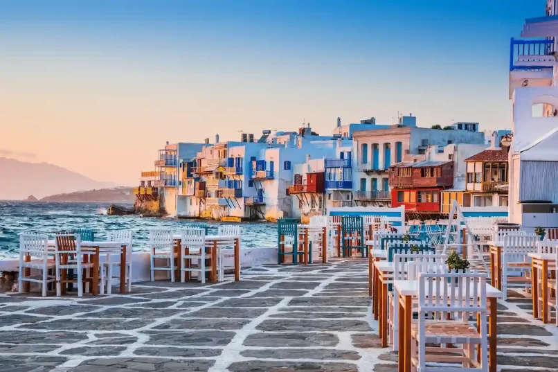 Little Venice waterfront on Mykonos at sunset