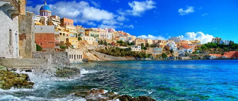 Colourful mansions on the waterfront of Syros