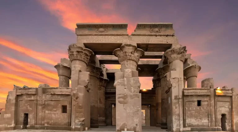 Kom Ombo Temple on the banks of the Nile at sunset