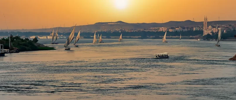 Feluccas sailing on the Nile at Aswan at sunset