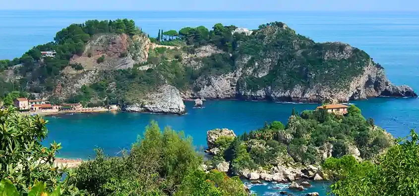 Aerial view of Isola Bella near Taormina, a must-see destination on any Sicily travel itinerary