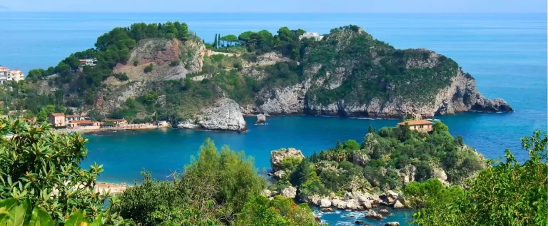 Aerial view of Isola Bella near Taormina, Sicily