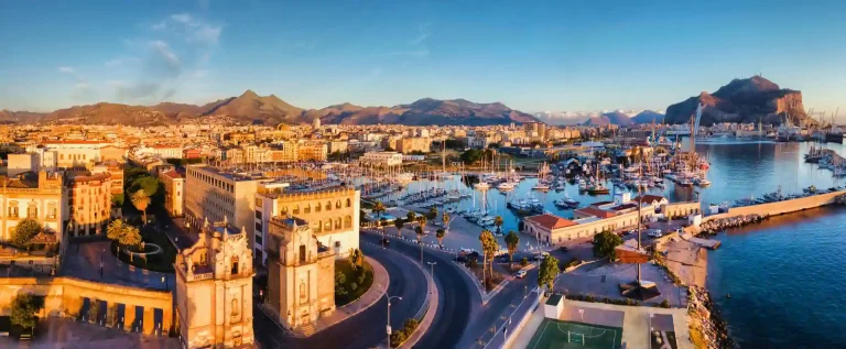 Sunset over the harbour and city of Palermo, Sicily