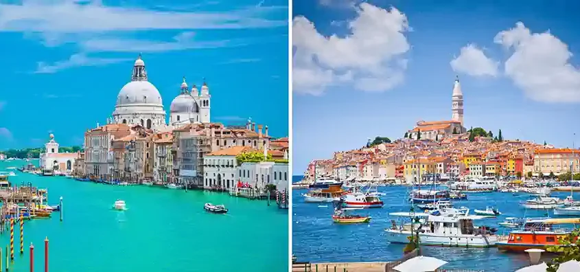 Venice and Rovinj as seen on an Adriatic Sea cruise, featuring canals and coastal towns