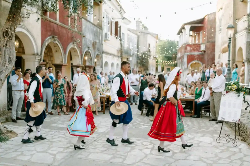 Dancers and musicians in traditional Greek costume