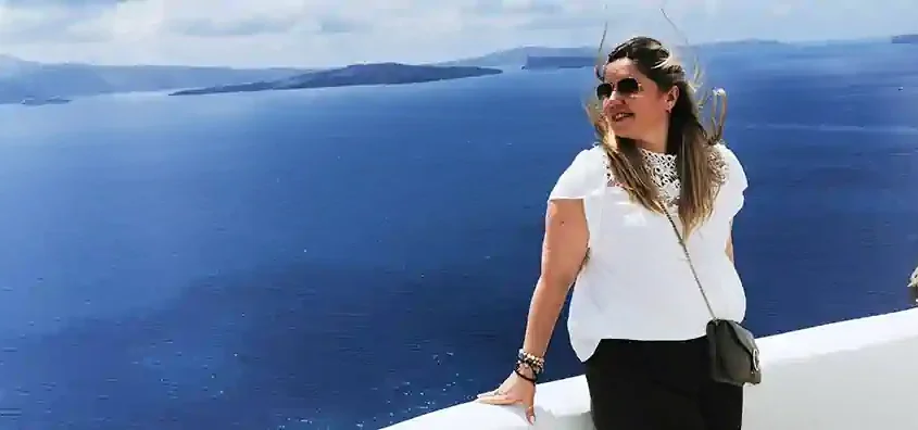 Holiday consultant Cristiana enjoying the Aegean vista on the Athens to Cyclades Cruise.