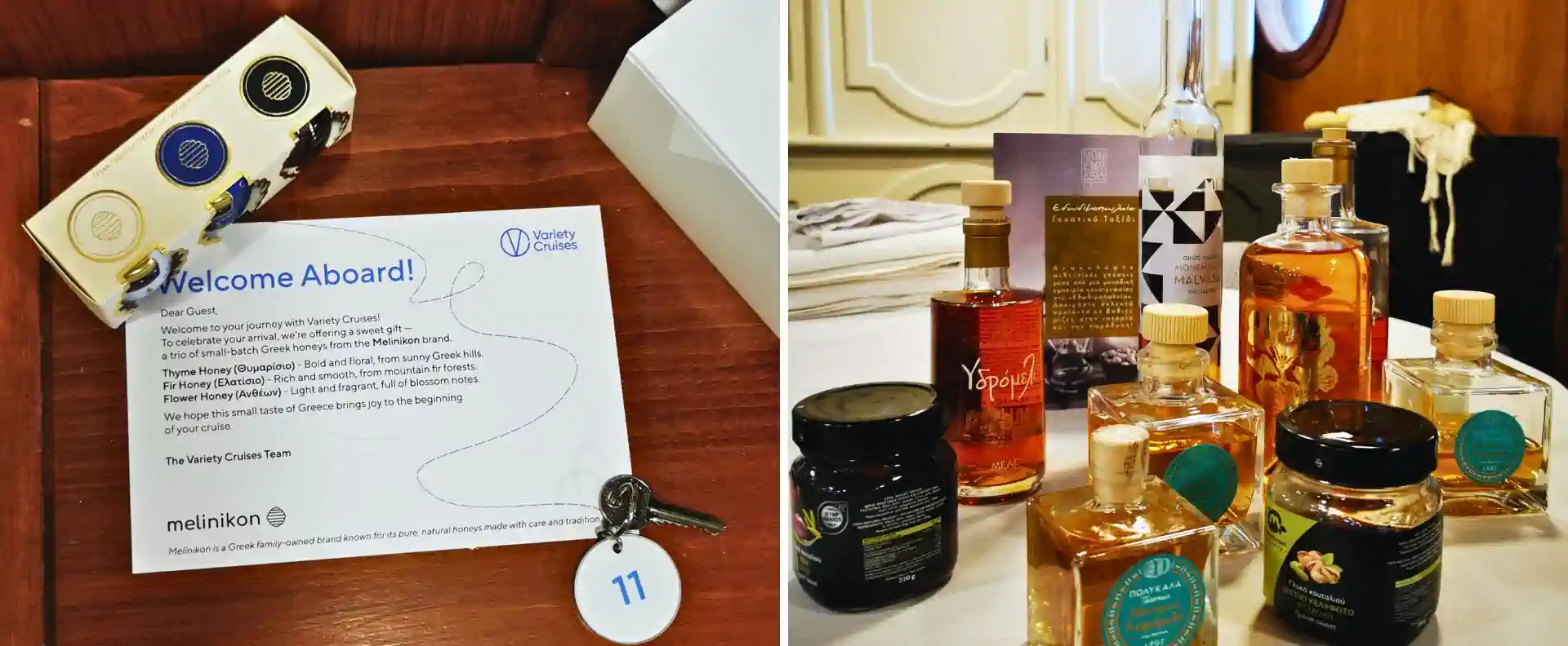Athens to Cyclades Cruise welcome gift, trio of artisanal Greek honeys in guest cabin