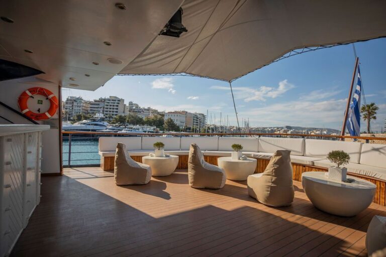 Shaded outdoor lounge on the deck of M/S Galileo