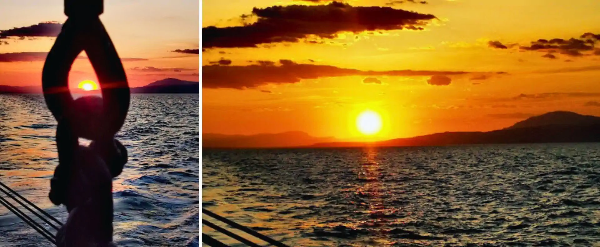 Golden Greek sunset over the sea captured from the deck of a small ship cruise