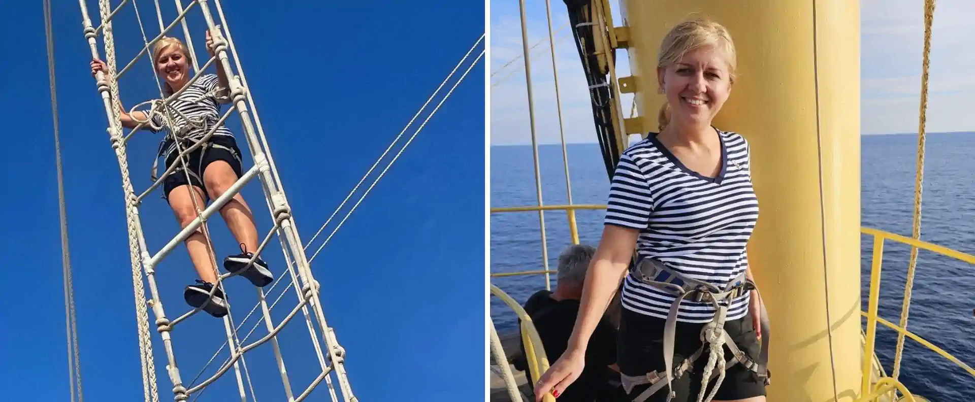 Guest climbing the rigging to the first crows nest on Star Flyer with safety harness.