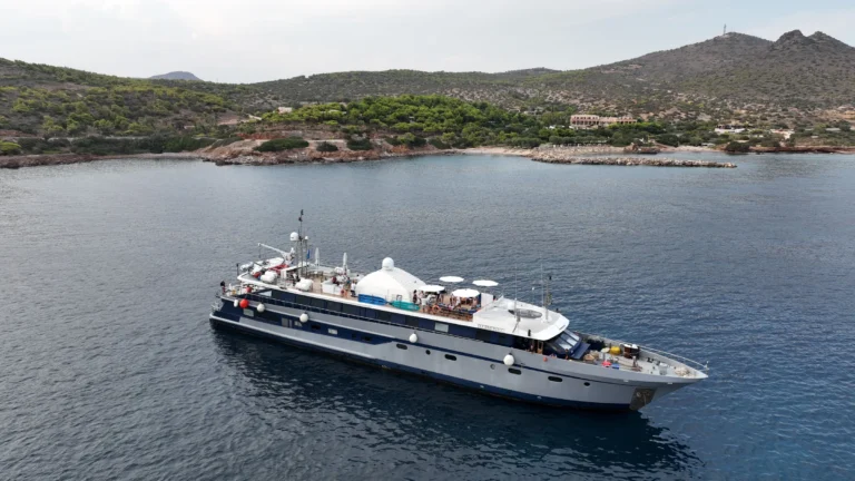 M/Y Harmony G at anchor in a Greek bay