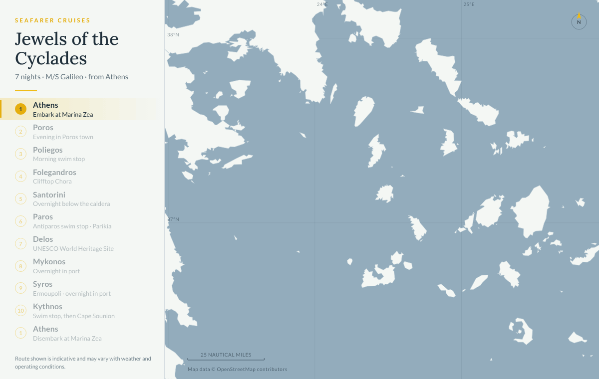 Jewels of the Cyclades cruise route map: Athens, Poros, Poliegos, Folegandros, Santorini, Paros, Delos, Mykonos, Syros, Kythnos and back to Athens