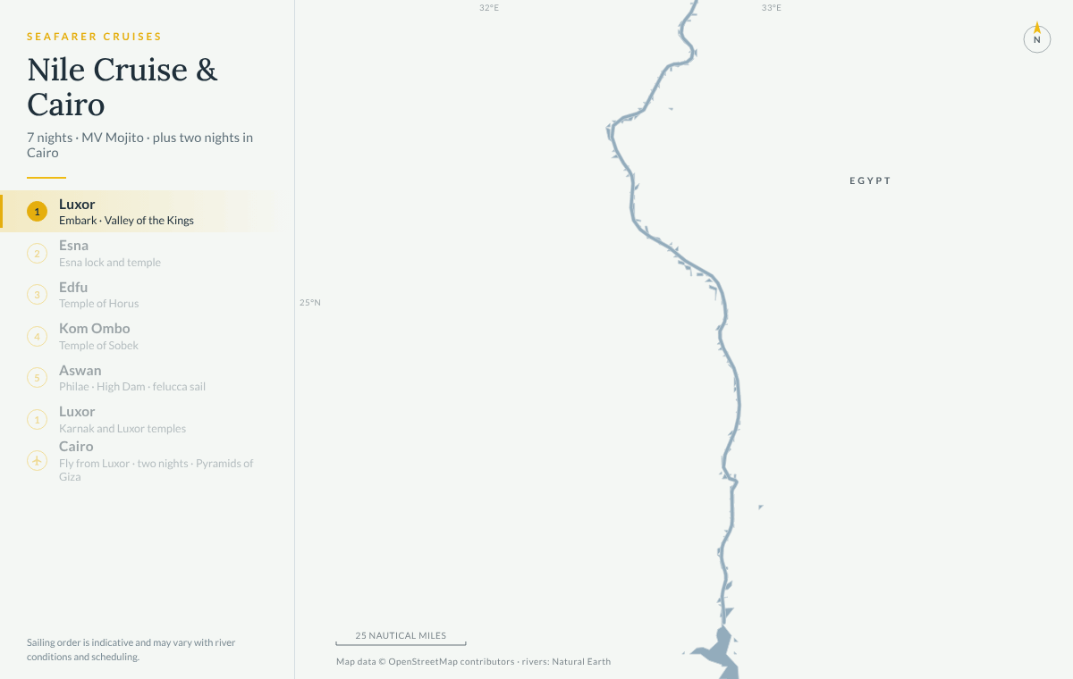 Nile Cruise & Cairo route map: Luxor, Esna, Edfu, Kom Ombo, Aswan and back to Luxor