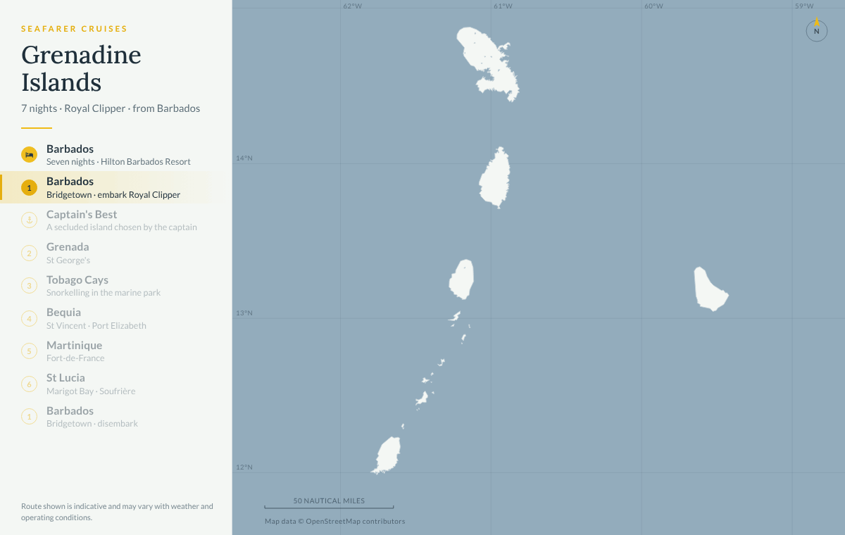 Grenadine Islands cruise route map: Barbados, Grenada, Tobago Cays, Bequia, Martinique, St Lucia and back to Barbados