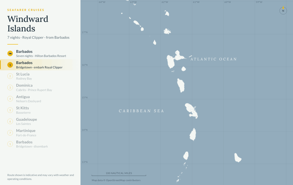 Windward Islands cruise route map: Barbados, St Lucia, Dominica, Antigua, St Kitts, Guadeloupe, Martinique and back to Barbados