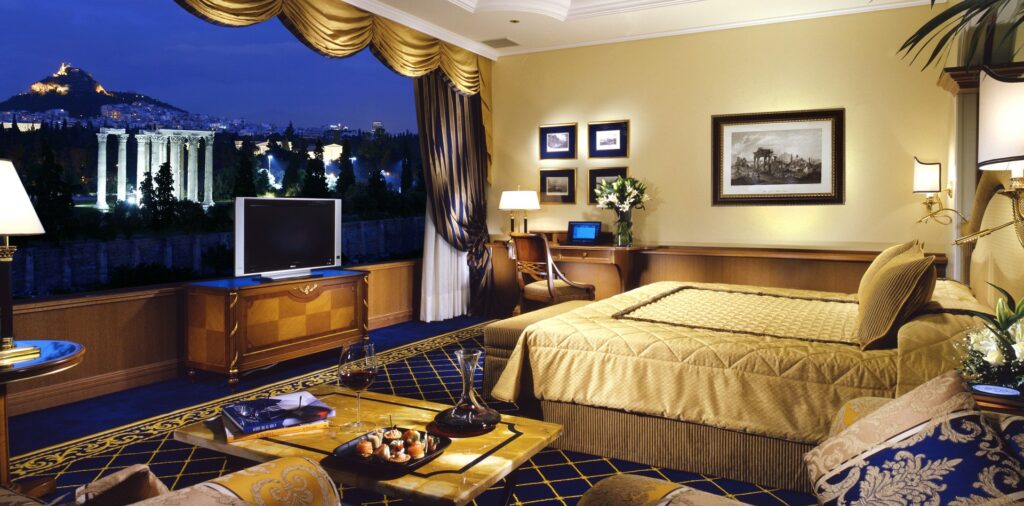 Athenian Panorama room with night views at the Royal Olympic Hotel