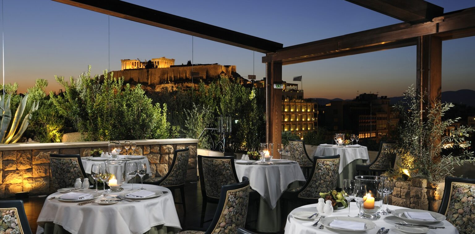 Roof garden restaurant with views of the Acropolis at the Royal Olympic Hotel, Athens