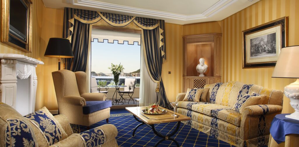 Suite living room at the Royal Olympic Hotel