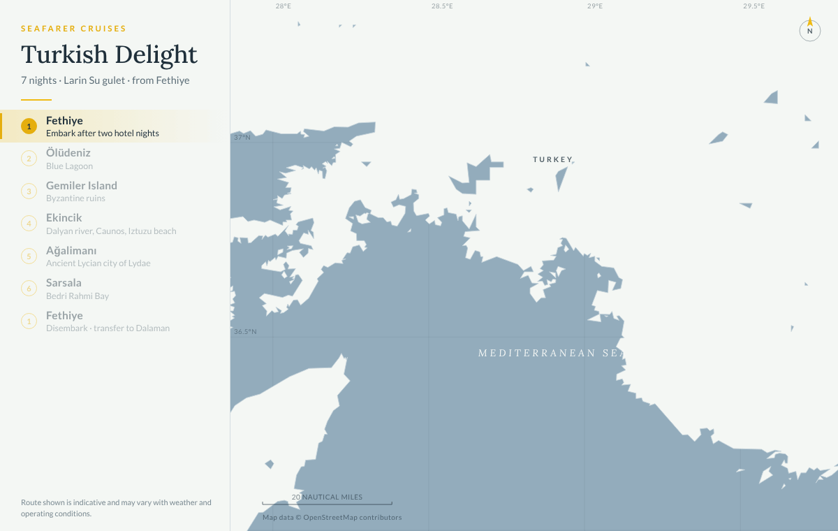 Turkish Delight cruise route map: Fethiye, Ölüdeniz, Gemiler Island, Ekincik, Ağalimanı, Sarsala and back to Fethiye